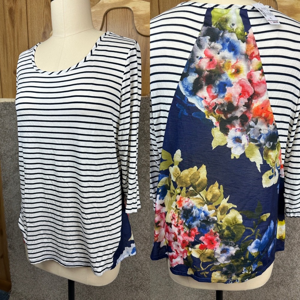 NWT Christopher & Banks Women Striped‎ Pullover Size XL Blue striped/Floral Back